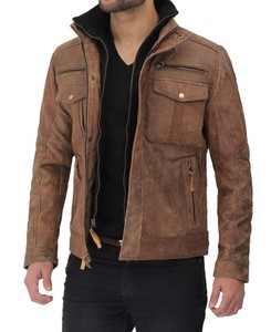 Light <b>Brown</b> Six Pocket Distressed <b>Mens</b> <b>Jacket</b> Premium Quality Pure Original <b>Leather</b> Winter Outerwear - Product Image 3