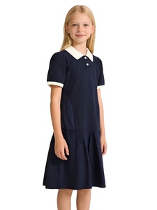New Girls' 100% Cotton Woven Loose Mid-Length High School Uniform Dress Blue White Color Block Polo Collar Design Perfect - Product Image 5