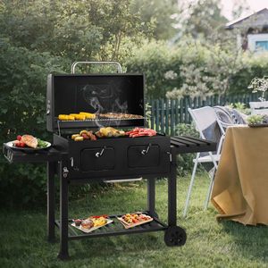 Extra Large Outdoor <b>BBQ</b> Grill with Two Individual Adjustable Charcoal Doors <b>Foldable</b> Side Tab for Charcoal Cooking - Product Image 2