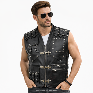 Gilet de motard en cuir noir brodé pour homme, prêt à porter, style décontracté d'été - Product Image 3