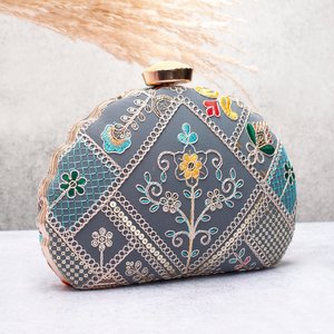 Grey Embroidered Designer Evening <b>Clutch</b> Bag for Women <b>Wedding</b> and Special Occasions - Product Image 2