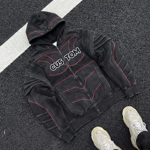 Oversize Double Hood Sweatsuit Custom Special Cutting Design Acid Washed Custom Zip up Hoodie and Sweatpants <b>Set</b> for Men - Product Image 1