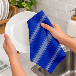 Paño de cocina azul tipo waffle con franja gris y toalla de cocina a rayas al precio más bajo. Fabricante en India. - Product Image 1