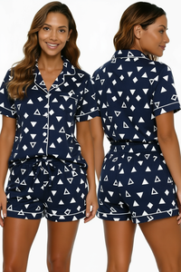 Women's Navy Blue Floral Printed Satin Short Sleeve Pajama <b>Set</b> With Turn-Down Collar And Button Closure Summer Sleepwear - Product Image 4