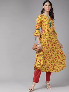 ชุดคุर्ตาผ้าแคมบริคคอตตอนพิมพ์ลายปักกระจกสไตล์เอธนิคแบบดั้งเดิมสำหรับฤดูร้อน สีมัสตาร์ด แห้งเร็ว ป้องกันแสงแดด เหมาะสำหรับงานเทศกาลและสวมใส่สบายๆ - Product Image 4