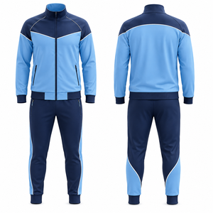Ensemble de survêtement sportif pour homme, bleu marine, avec blocs de couleur, fermeture éclair intégrale, poches latérales, vêtements d'automne, matière polyester et coton - Product Image 1