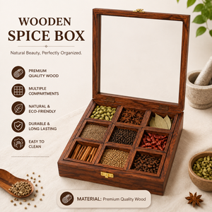 Wooden <b>Spice</b> Box with Compartments | Masala Herb Seasoning Organizer | Durable Kitchen Storage Container | Traditional Cooking - Product Image 3