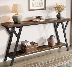 Mesa Consola Moderna de Madera con Base de Metal, Estante de Almacenamiento, Diseño Industrial, Mueble para Sala de Estar, Decoración para Entrada - Product Image 1