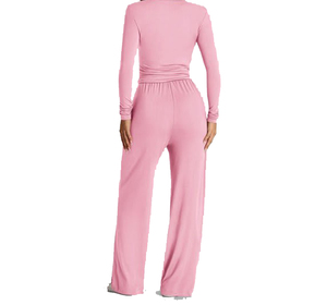 Combinaison longue unie pour femme, manches longues, taille élastique, coupe ample, style décontracté, pour le printemps, rose - Product Image 1