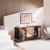 Buffet moderne industriel fait main en bois de manguier écologique avec incrustations géométriques dorées, 3 portes, base métallique, luxe pour salon