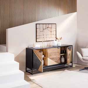 Buffet moderne industriel fait main en bois de manguier écologique avec incrustations géométriques dorées, 3 portes, base métallique, luxe pour salon - Product Image 2