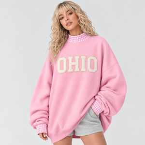 Oversized Women's Mock Neck Sweatshirt <b>Checkered</b> Neck And Cuffs New York Printed <b>Top</b> Autumn Streetwear Wear - Product Image 5
