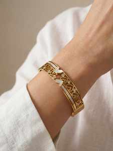 Gold Plated Stainless Steel Open Cuff <b>Bangle</b> Heart Cutout Bezel Set Cubic Zircon Women's Geometric Bracelet Gift - Product Image 2