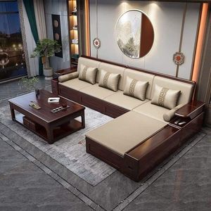 Sofá Seccional en Forma de L de Madera Maciza con Almacenamiento, Cojín de Cuero PU, Juego de Muebles para Sala de Estar - Product Image 3