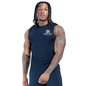 Mens <b>Navy</b> Blue Sleeveless Tank <b>Top</b> Custom SHOUKAT Printed Logos Gym Fitness Bodybuilding Training Workout Sportswear Athletic - Product Image 1