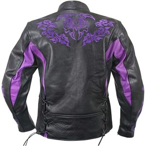 Chaqueta de Cuero Bordada Negra y Morada Premium para Mujer LKL27002 2025, Protección CE, Ropa para Motociclismo y Automovilismo - Product Image 3