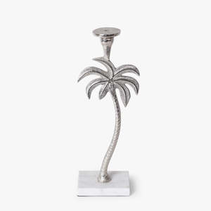 Portavelas de Aluminio Plateado con Base de Mármol Blanco, Soporte de Metal Tropical para Velas, Adorno Decorativo para Mesa de Estilo Costero - Product Image 3