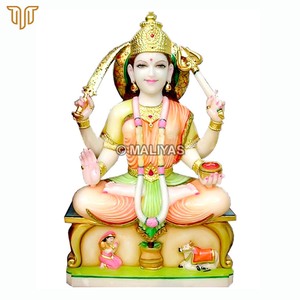 Estatua de Santoshi Mata de mármol hecha a mano con cuatro brazos, corona dorada, mudra de bendición y trono ornamentado – Maliyas - Product Image 2
