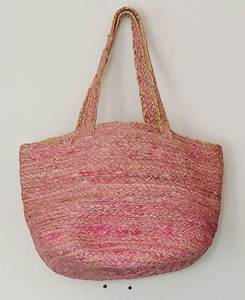 Sac cabas en paille rose rayé style bohème avec pompon, sac à main de plage décontracté pour femme, ouvert, léger, deux poignées - Product Image 2