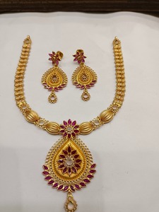 22K <b>Solid</b> <b>Gold</b> Necklace Set Traditional Indian Teardrop <b>Pendant</b> Matching Earrings Bridal Wedding Jewelry Set For Women - Product Image 2