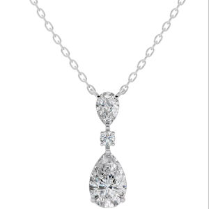 Collier à trois pierres en forme de goutte d'eau, diamant de laboratoire taille poire et taille ronde, or massif 18 carats, incolore VVS, pendentif solitaire intemporel - Product Image 1