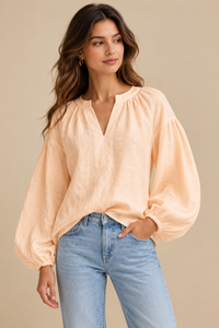 Blusa Sencilla Tejida Color Durazno para Mujer, Cuello en V, Manga Abullonada, Detalle Fruncido, Puño Elástico, Ropa Casual Elegante al por Mayor - Product Image 2