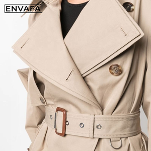 New Asymmetric Design Belted Quilted <b>Jacket</b> Spring Belt Lapel Casual Stylish <b>Waterproof</b> Windproof Khaki <b>Long</b> Coat - Product Image 4