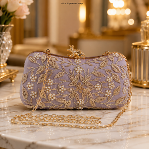 Pochette de soirée brodée de créateur pour femme avec fermoir grenouillère haut de gamme, broderie florale de perles, chaîne dorée détachable - Product Image 2
