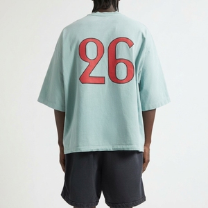 T-shirt en coton bleu clair surdimensionné avec impression de lettres sur le devant, style streetwear, col rond, manches courtes - Product Image 2