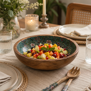 Bol à salade en bois de manguier floral émaillé, fait main, sûr pour les aliments, pour fruits, salades, décoration de table de cuisine et salle à manger - Product Image 2