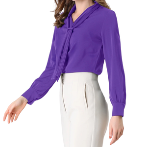Chemise de bureau décontractée à col noué en mousseline plissée pour femmes, légère, drapée, à manches longues, avec poignets boutonnés, respirante, élégante - Product Image 2