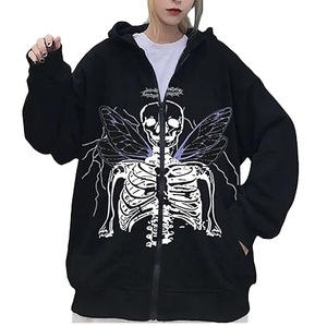 Fashionable Oversized Down Shoulder Skeleton Skull Pattern Printing Hoodies Rhinestones Zipper Pullover Hooded Breathable - Product Image 1