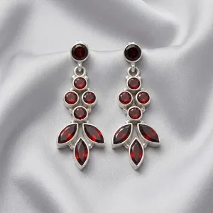 Boucles d'oreilles pendantes en argent sterling 925 avec grenat, faites à la main, pierres précieuses grenat rouge, bijoux fantaisie pour femmes, vente en gros - Product Image 3