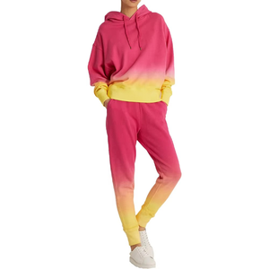 Women Gradient Color <b>Velour</b> <b>Tracksuit</b> Set Hooded Sweatshirt Full Length Pants Casual Loose Fit Dip Dye Style Winter Wear - Product Image 1