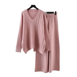 Femmes col en v irrégularité pull pull taille haute ample jambe large pantalon tricoté 2 pièces ensembles automne hiver mode ensemble - Product Image 1