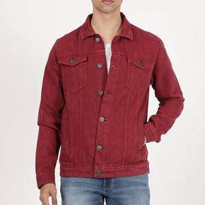Chaqueta de mezclilla roja para hombre, corte ajustado, cierre de botones, color liso, estilo casual de otoño, algodón lavable, estilo tejido con costuras decorativas - Product Image 1