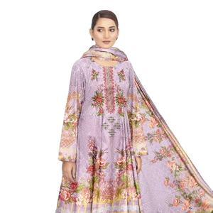 Costume d'été 3 pièces Shalwar Kameez du fournisseur d'usine direct Tenue de pelouse lavable à motif solide de conception traditionnelle - Product Image 1