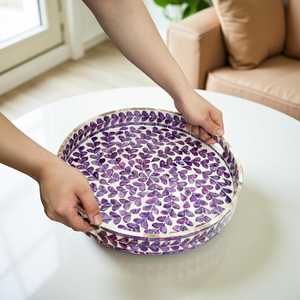 Bandeja Redonda con Incrustaciones de Madreperla Morada, Bandeja para Servir y Mesa de Centro, Decoración con Patrón de Hojas, Hecha a Mano - Product Image 3