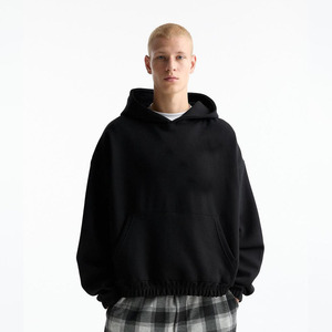 Unisex <b>Black</b> Hoodie with Elastic Hem Oversized Streetwear Pullover 100% Cotton Custom Logo Heavyweight Winter Hoodies for Men - Product Image 1