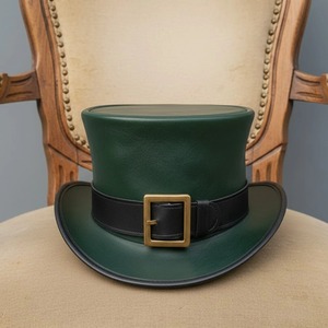 Sombrero de Copa Verde de Cuero con Cinturón Negro y Hebilla de Latón, Estilo Steampunk Vintage, para Disfraces de Fiesta para Adultos - Product Image 1