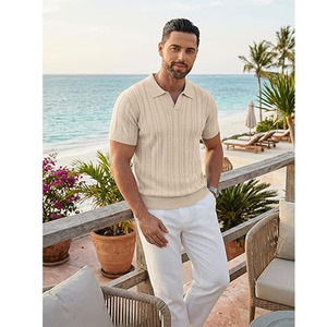 Men’s Beige Knitted Polo Shirt Short Sleeve Textured Stripe Polo Shirt Breathable Fabric Casual Wear OEM ODM Available - Product Image 3