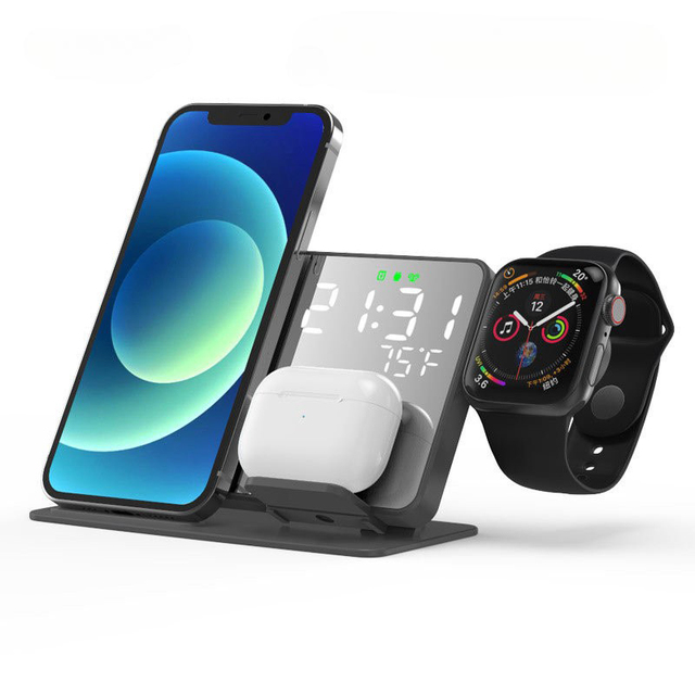 SHI22 15W 4-in-1 Wireless Charging Station Compatible with Phone and Smartwatches; LED Digital Mirror Alarm Clock for Bedside