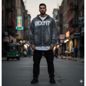 Sweat à capuche zippé Rexfit Sports personnalisé, effet délavé, en molleton épais, pour la gym et le streetwear, impression en relief, OEM - Product Image 2