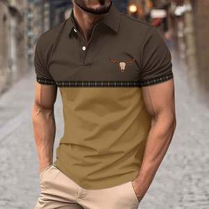 <b>Men's</b> Brown Heat-Transfer Printed Bull <b>Skull</b> Button Golf <b>Shirt</b> Short Sleeve Casual Polyester/Cotton Jersey Breathable Regular - Product Image 4