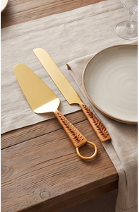 <b>Golden</b> Cake Server <b>Set</b> With Leather Handle Minimalist Design For Elegant Dessert Serving Use And Tableware Use - Product Image 1