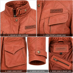 <b>Womens</b> Utility Rust Cognac Leather Coat Four Pocket Buckle Neck Zip Snap <b>Outerwear</b> Fitted Casual Ladies Streetwear Jacket - Product Image 6