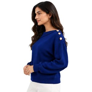 Suéter de Punto Azul Rey para Mujer, con Botones Dorados en el Hombro, Cuello Asimétrico, Manga Larga, Estilo Casual para Otoño e Invierno - Product Image 2