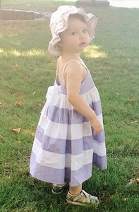 Adorable Girl's Summer Wear Lavender & White Stripe Cotton Dress With <b>Big</b> White <b>Bow</b> Tie At Back & Adjustable Shoulder Strap - Product Image 3