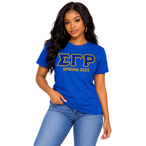 เสื้อยืด Sigma Gamma Rho Royal Blue Spring 2023 พิมพ์ลายตัวอักษรกรีกสีทอง แขนสั้น คอกลม เสื้อผ้าชมรมกรีก เสื้อลำลอง - Product Image 1