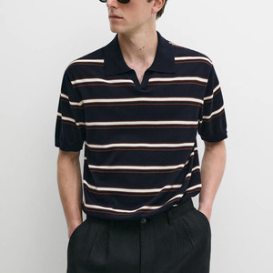 Chemise décontractée à manches courtes pour homme en polyester/coton tricoté, respirant, lavé, teint en fil, coloris marine, blanc, marron - Product Image 3
